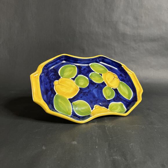 Ceramica Artistica Italy Handled Cake Plate – Lemons on Blue with Yellow Trim - Picture 1 of 8